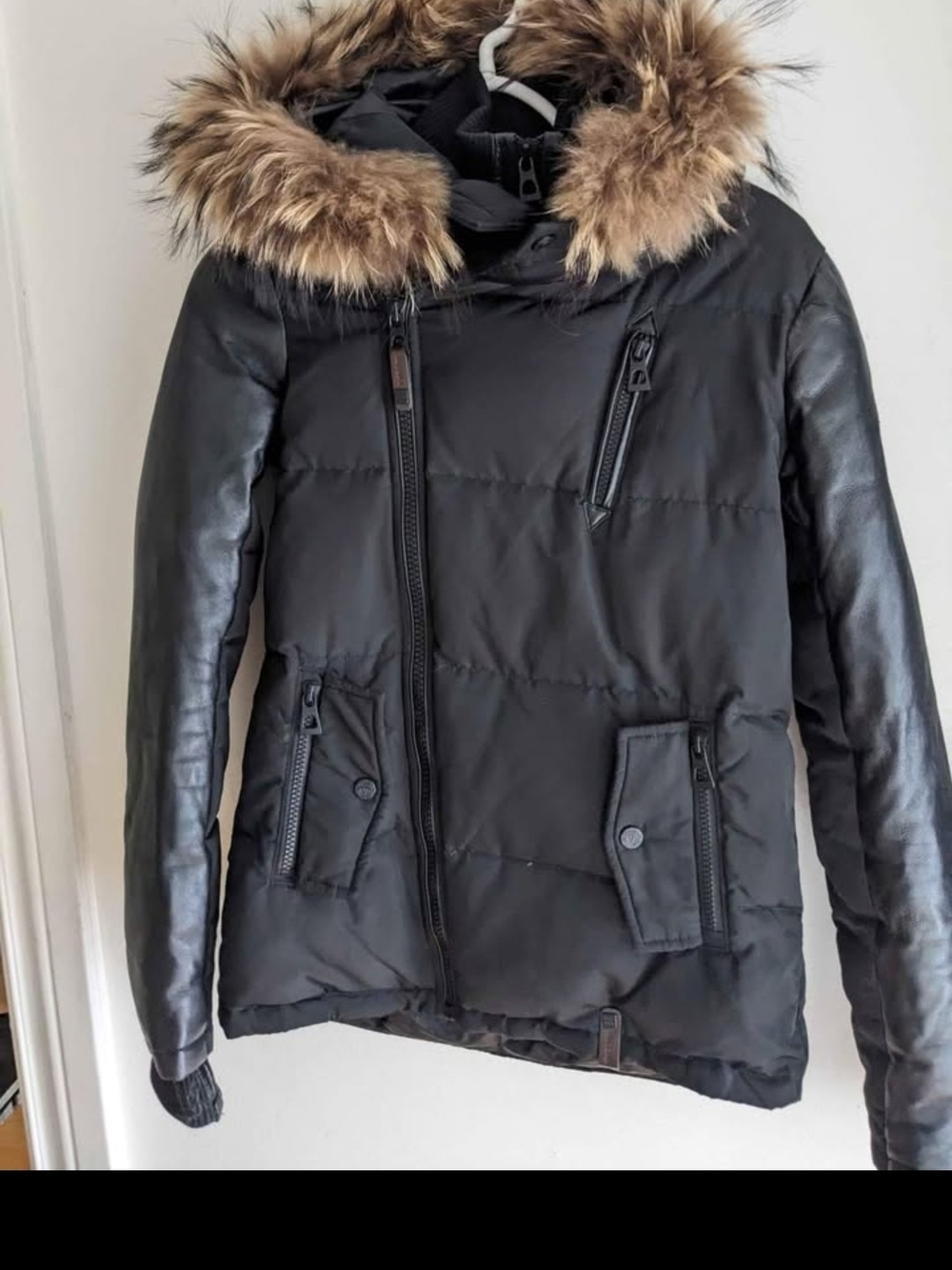 Rudsak Black Down Puffer Jacket with Leather Sleeves & Fur Hood - Size S